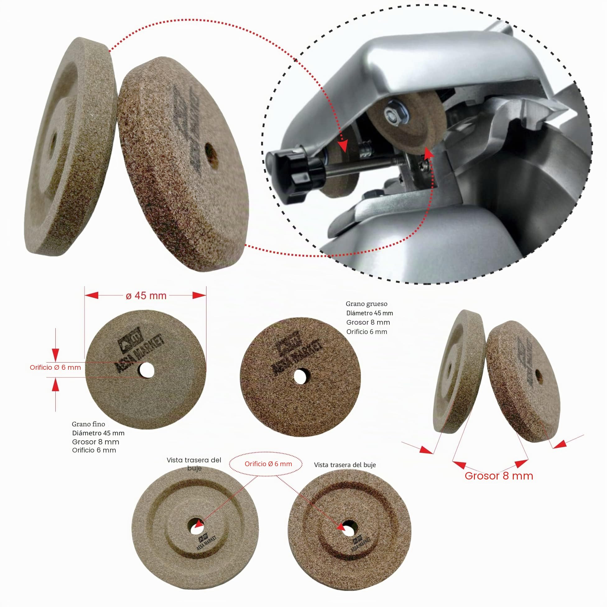 Afilador afilador hoja rebanadora par molas esmeriles compatibles con RGV, FAC, MISTRO otras ø 45 - h 8 - orificio 6 mm