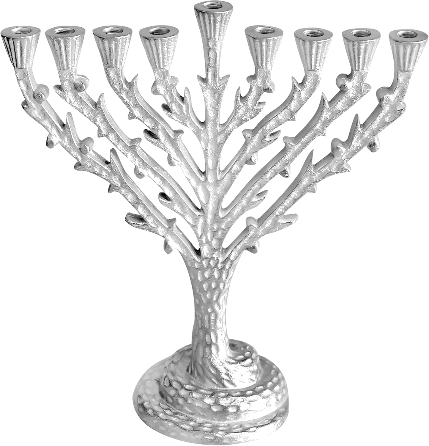 Ner Mitzvah Tree of Life Hanukkah Menorah, Fits All Standard Chanukah Candles, Antique Silver Candle Menorahs for Chanukah - Hammered Design