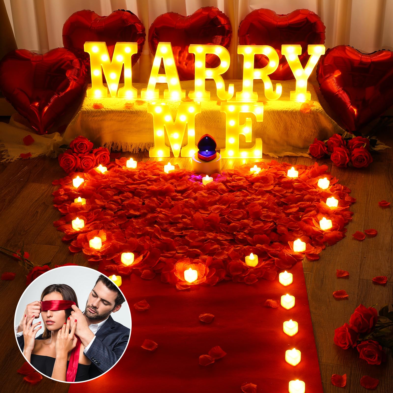 Aurelema Zestaw dekoracji oświadczyn Marry Me Light up Letters 6000 płatków róży, 72 romantyczne świece w kształcie serca, 10 balonów, dywan, czerwona wstążka, 1 pudełko na pierścionki, maska na oczy