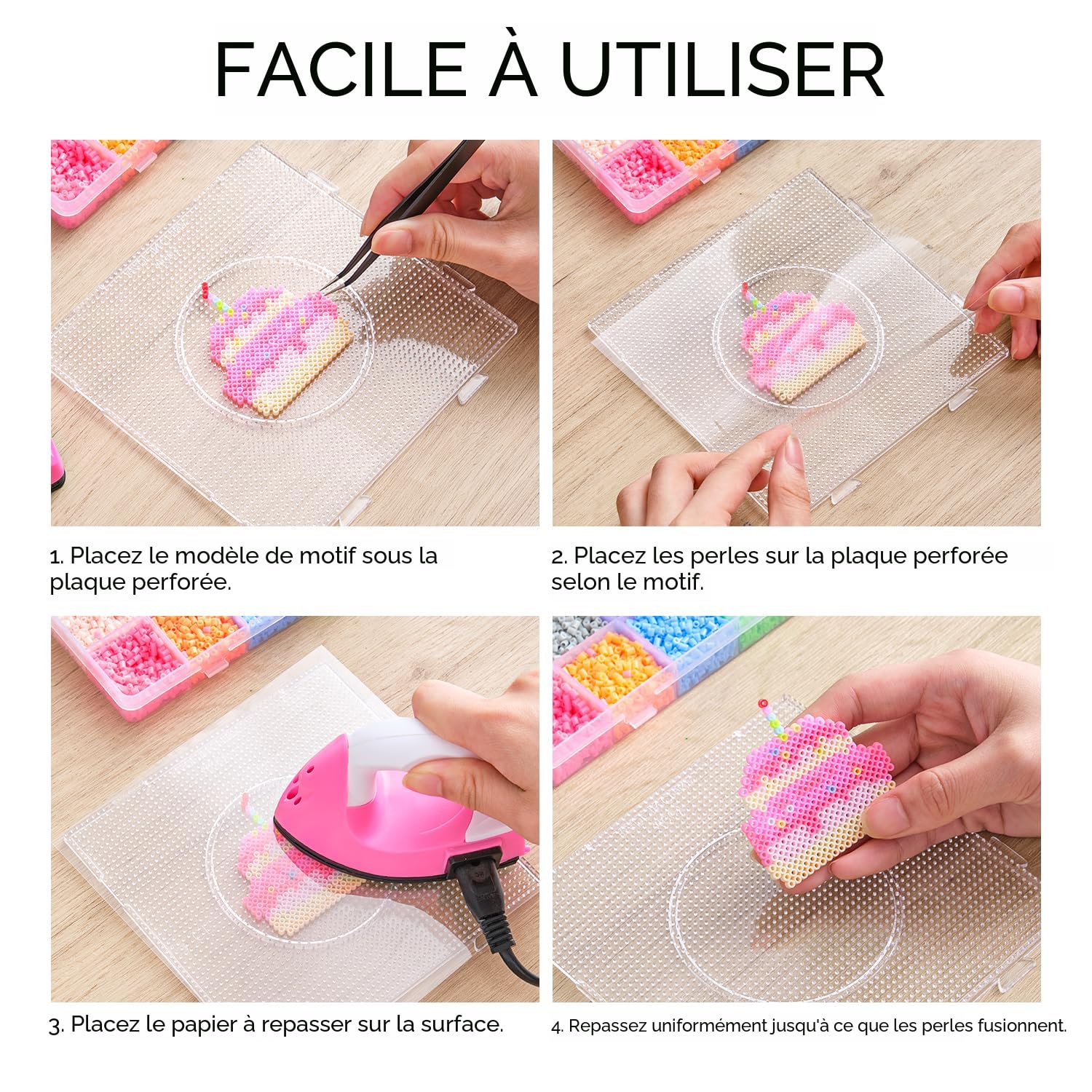 Kit Perles à Repasser – 2 Planches Transparentes 2,6 Mm + 4 Feuilles Antiadhésives – Activité Créative Dès 6 Ans