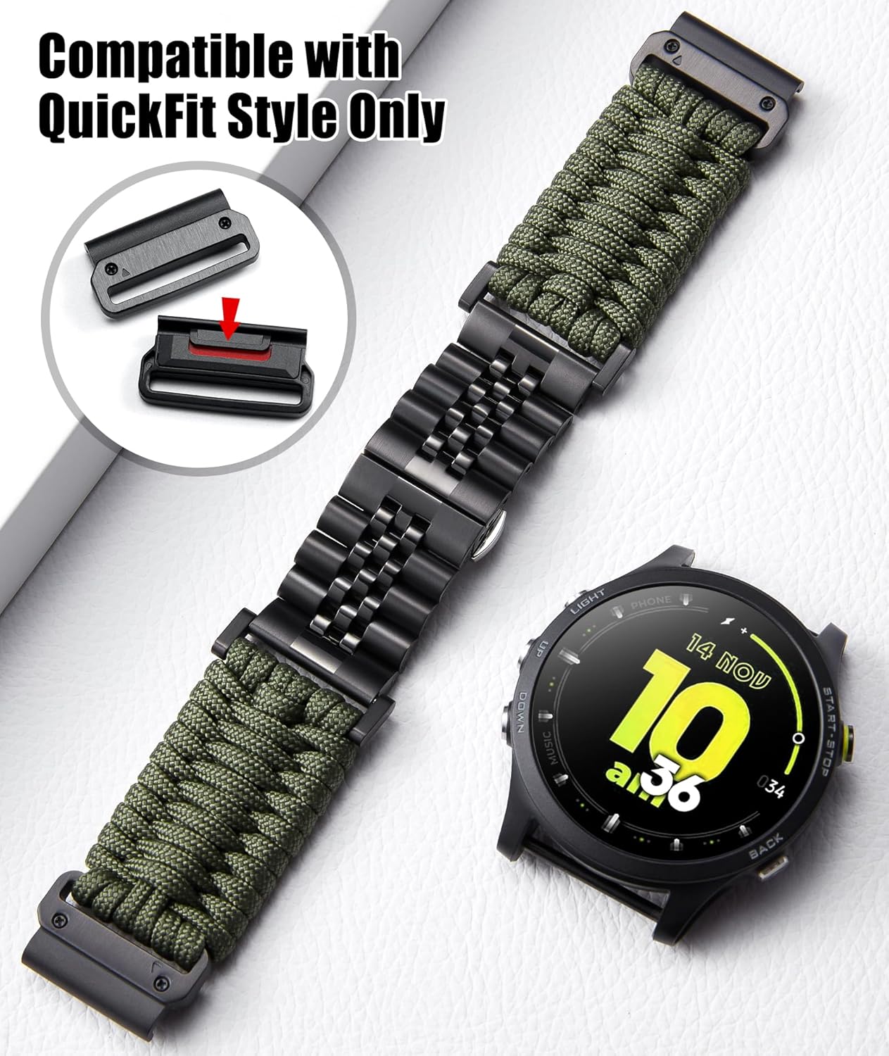 BINLUN Compatible with Garmin Watch Band 22mm 26mm Braided 550 Paracord Stainless Steel Sport Strap Fit for Quickfit Fit for Fenix Fit for Forerunner Fit for Approach Fit for MARQ Fit for Quatix