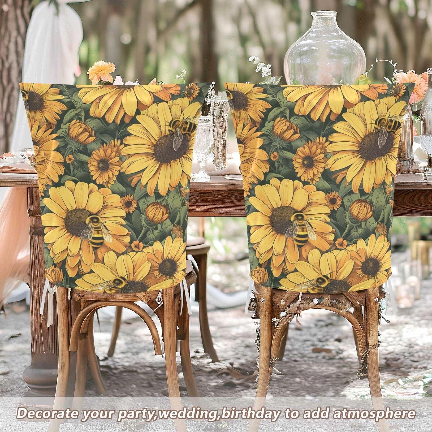 ALAZA Bee Yellow Flowers Chair Back Cover Set of 6, Washable Reusable Removable Chair Slipcovers Decorative Chair Cover for Home Kitchen Wedding Party
