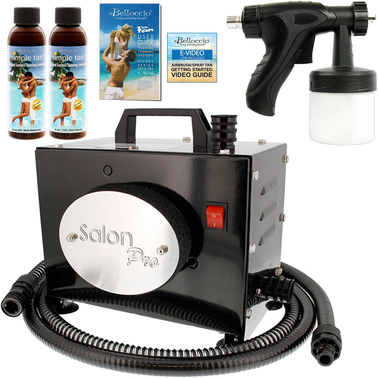 Salon Pro T200-12, 2 Stage Turbine Sunless HVLP Spray Tanning System; 2 Simple Tan DHA Tanning Solutions & User Guide Video Link