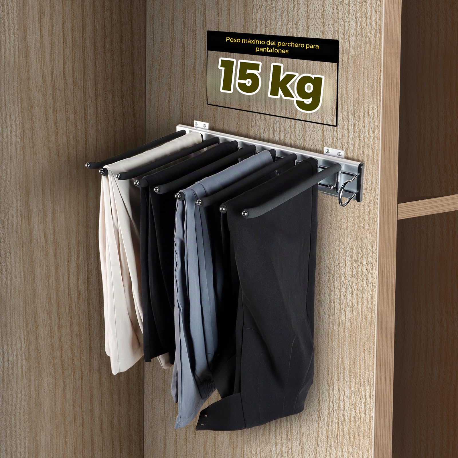 Pantalonero Extraíble de Acero Inoxidable Pantalonero Extraíble para Armario Pantalonero con Flocado Antideslizante Pantalonero Extraíble 9 Posiciones a la Derecho Ahorro de Espacio