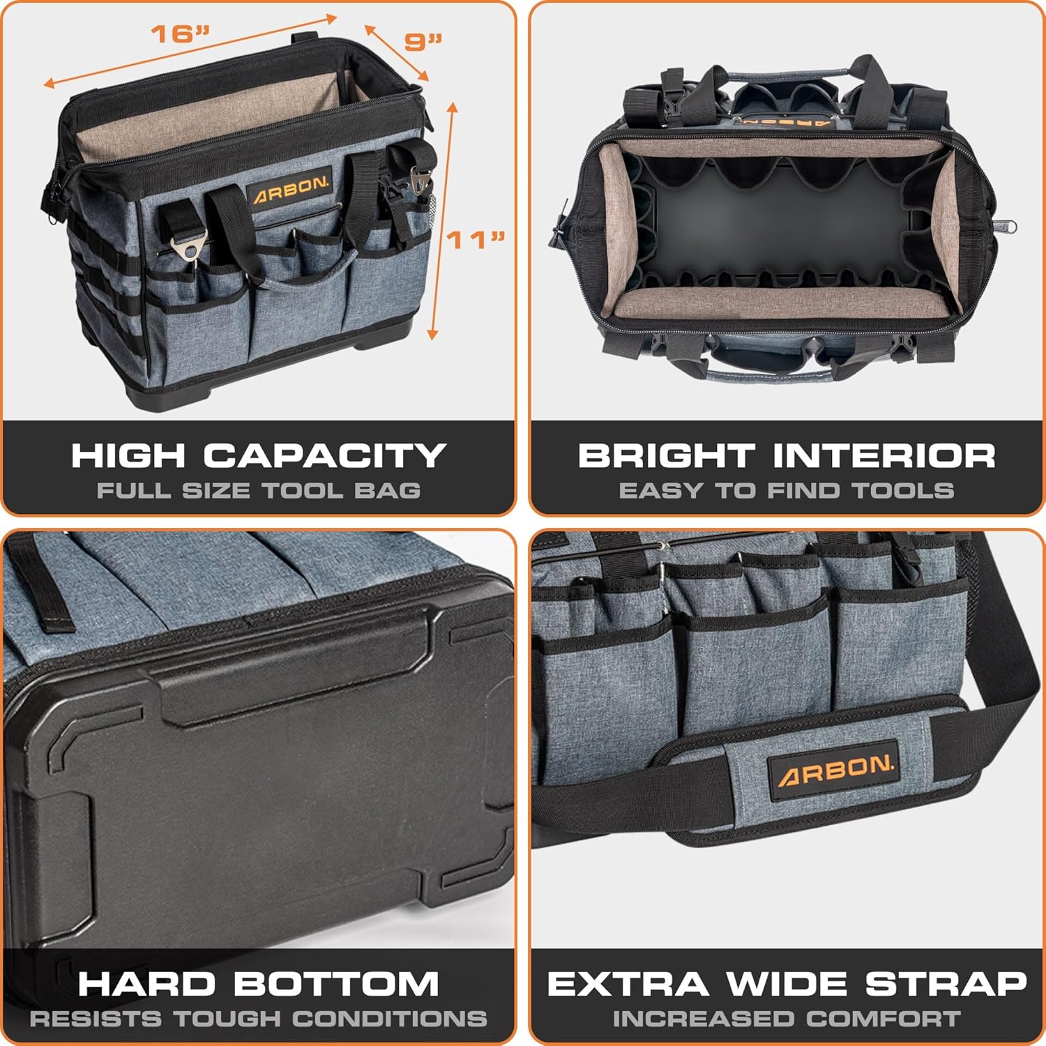 ARBON 34 Pockets Tool Bag 16 Inch with Hard Waterproof Base Heavy Duty MOLLE Large Toolbag Bags for Men and Women Electrician Craftsman Hvac Carpenter Mechanic