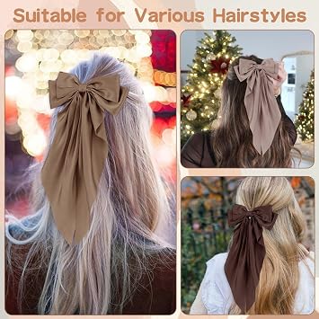 6 PCS Hair Bows for Women, Big Bow Hair Clips for Girls, Silky Satin Hair Bows Clips Oversized Long Tail, Large Hair Barrettes Cute Aesthetic Hair Accessories, Metal Bow Hair Clips Neutral Color