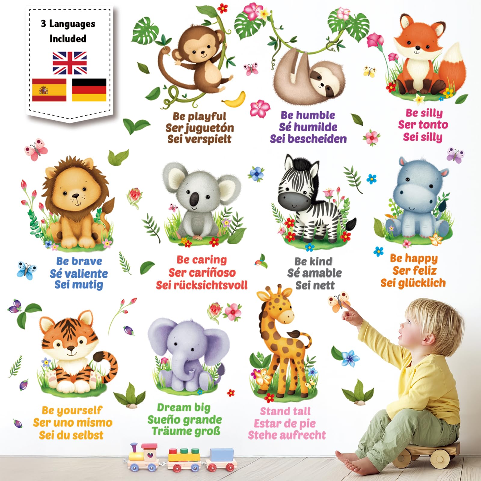 DECOWALL DS12-8074 Jungle Animal Wall Decals Removable Woodland Safari Animal Wall Sticker with Inspirational Quotes for Baby Boys Girls Infant Children Kids Nursery Bedroom Classroom Playroom