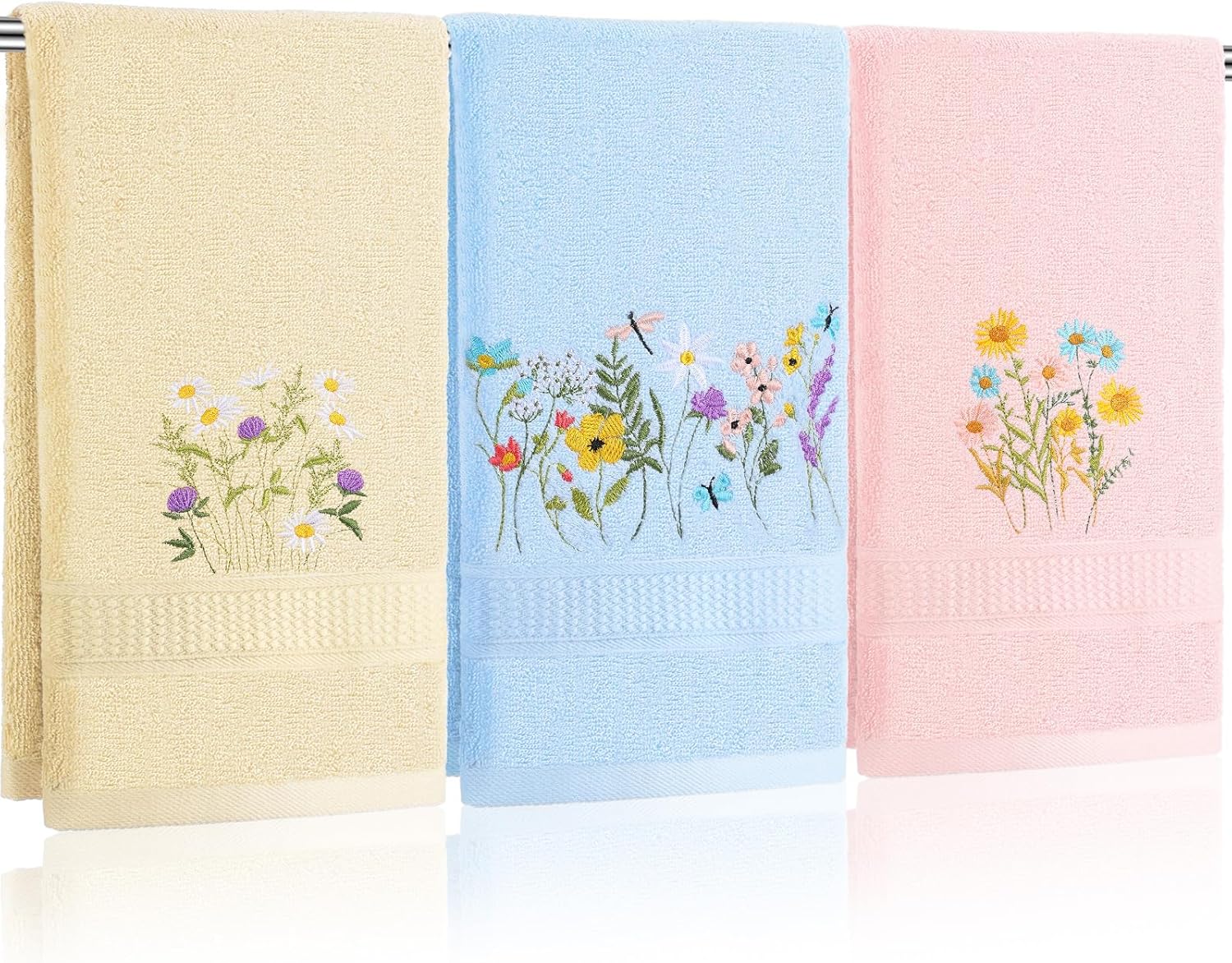 Wildflower Hand Towels Farmhouse Pink Blue Yellow Wildflower Bathroom Decor 14x29 Inch Embroidered Decorative Cute Spring Summer Cotton Soft Absorbent Towels for Bathroom Kitchen