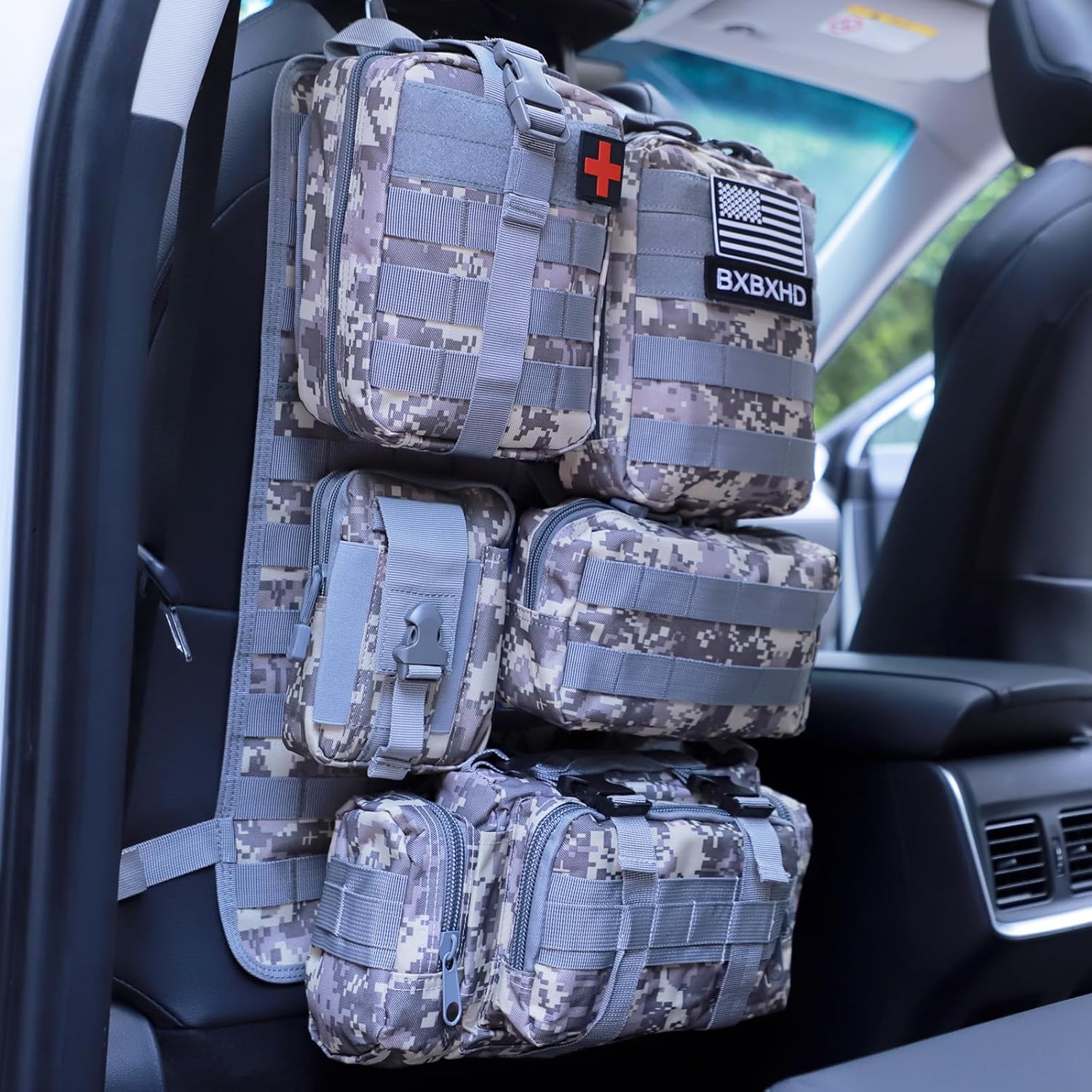 Universal Tactical Car Seat Back Organizer Bag Tactical Molle Vehicle Organizers Panel Vehicle Protector Organizers with 5 Detachable Pouches for Car Truck Ford Jeep (ACU)
