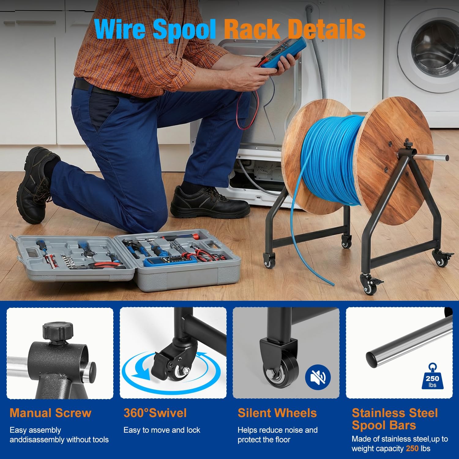 Wire Spool Rack with Wheels, Portable Cable Caddy Holds 28" Spools 250 lbs, Industrial Steel Welded Frame Includes Spool Bars