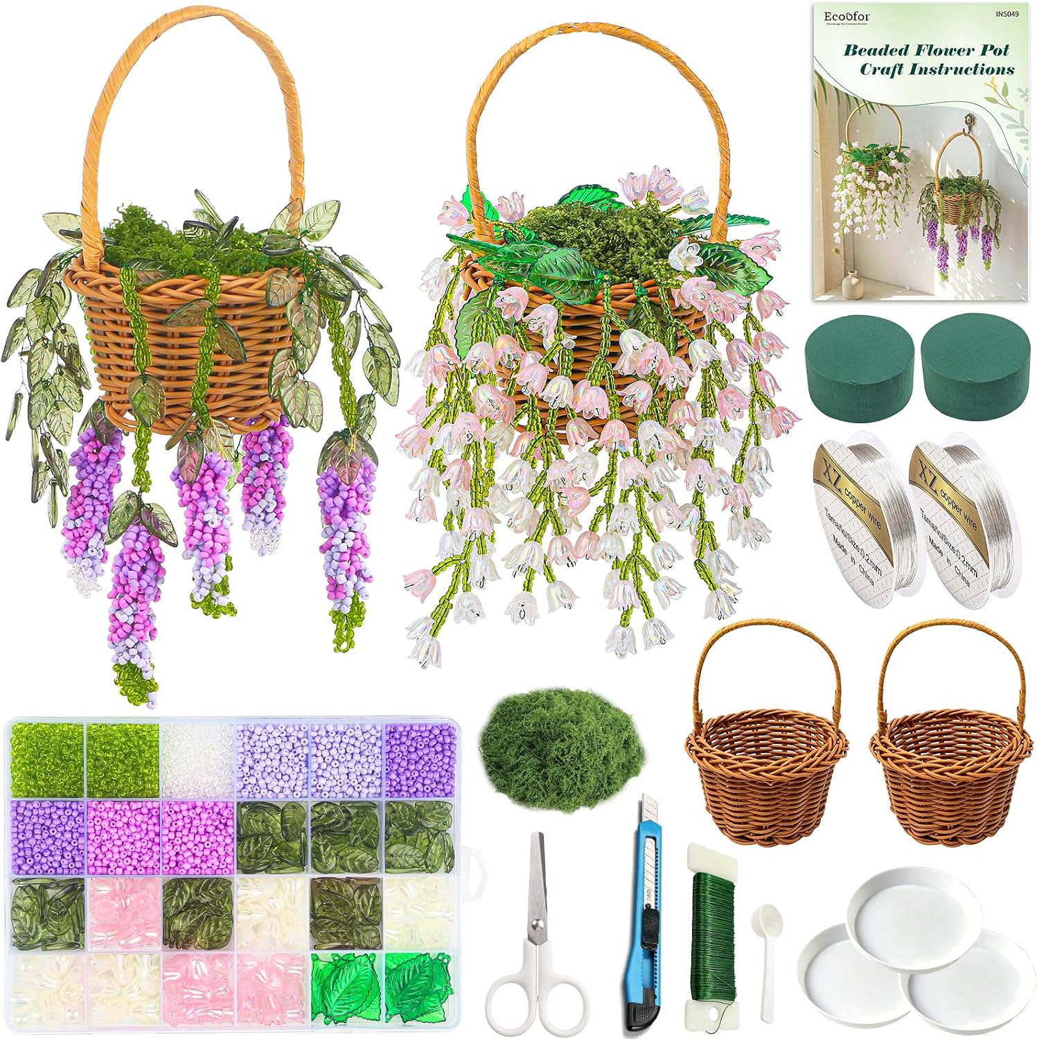 Ecoofor Beaded Plant Kit with 17 Styles of Beads, Flower Beads & Green Glass Crystal Beads, DIY Handmade Beaded Plant Craft Kit with Video Tutorial, Gift for Plant Lovers & Craft Enthusiasts
