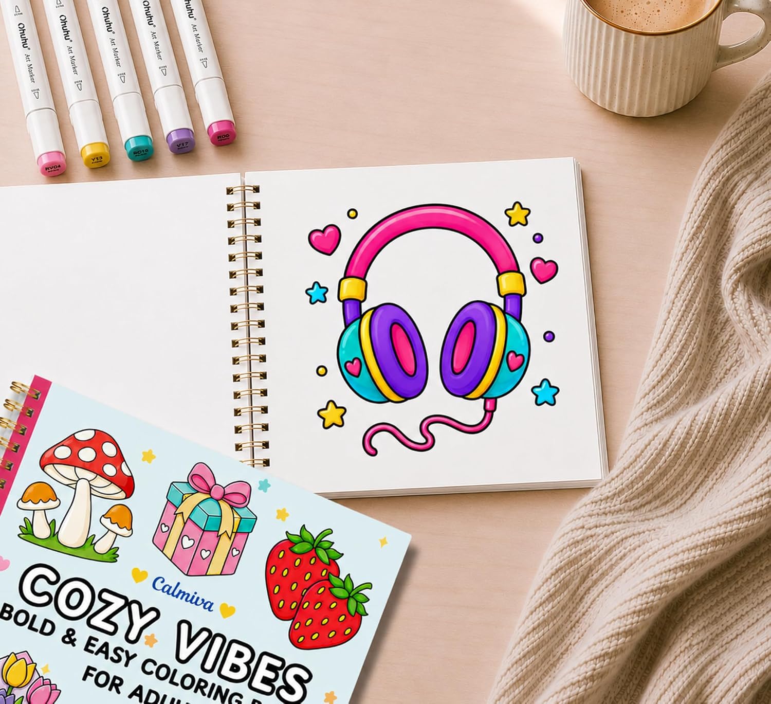 Bold and Easy Coloring Book Set for Adults Spiral Bound: 50 Cozy Designs for Relaxation and Stress Relief | Perforated Pages & Single-Sided Print