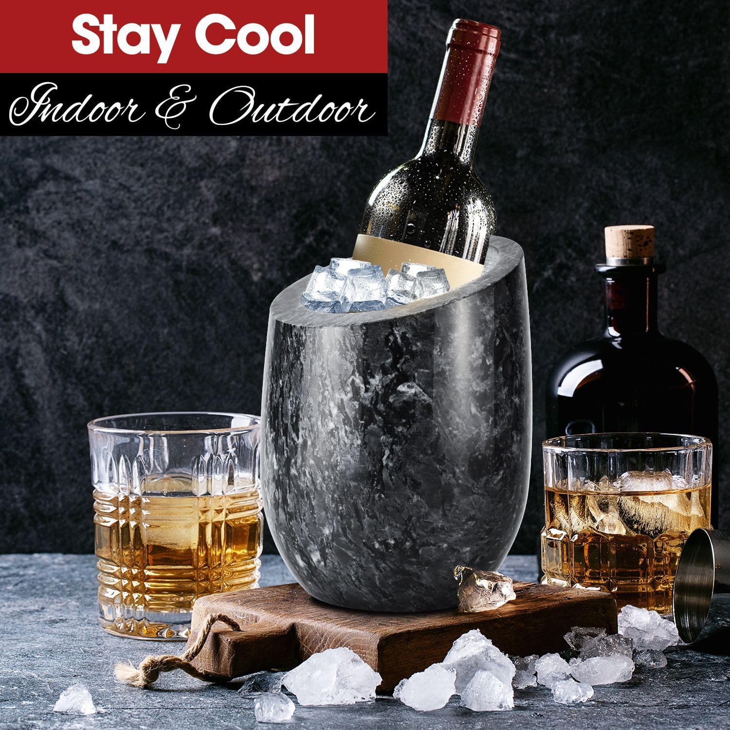 Flexzion Marble Wine Chiller Bucket for Bottles – Black Champagne Cooler & Multi-Purpose Marble Utensil Holder for Kitchen – Adaptable Stone Wine Bottle Chiller for Bar, Home Decor, Fits 750ml Bottles