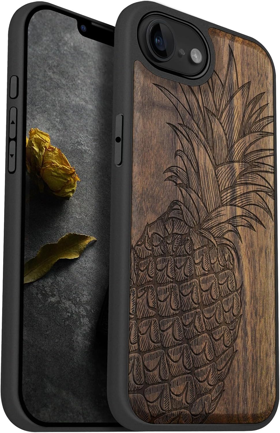 Carveit Magnetic Wooden Case for iPhone 16e / 17e, Solid Wood & Black TPU, Artisan Engraved Design, Shockproof Cover, Compatible with MagSafe Wireless Chargers, Asian Peacock - Rosy