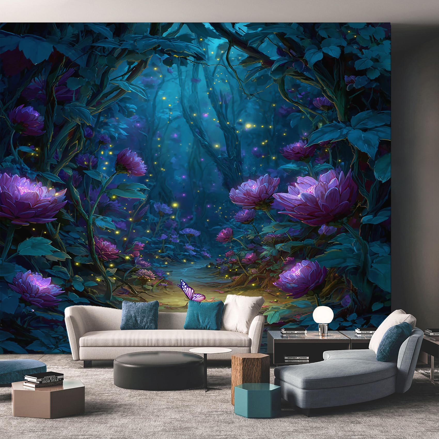 Magical Forest Wallpaper - Purple Floral Firefly Wall Mural - Wall Murals for Living Room Bedroom - Photo Wallpaper & Home Decor Art - 315 x 215 cm A-2478