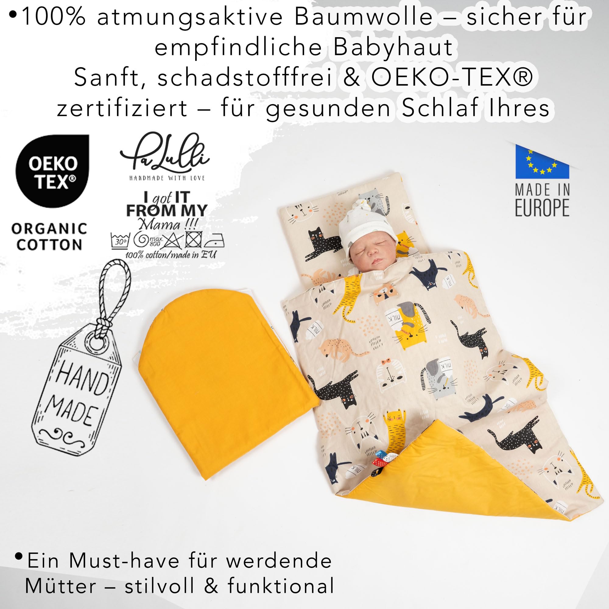 PaLulli Babynest zestaw 4-częściowy, 95 x 55 cm, wyposażenie dla niemowląt z materacem i kotem, 100% bawełna, hipoalergiczne, dla noworodków 0-8 miesięcy (beżowy kociak)