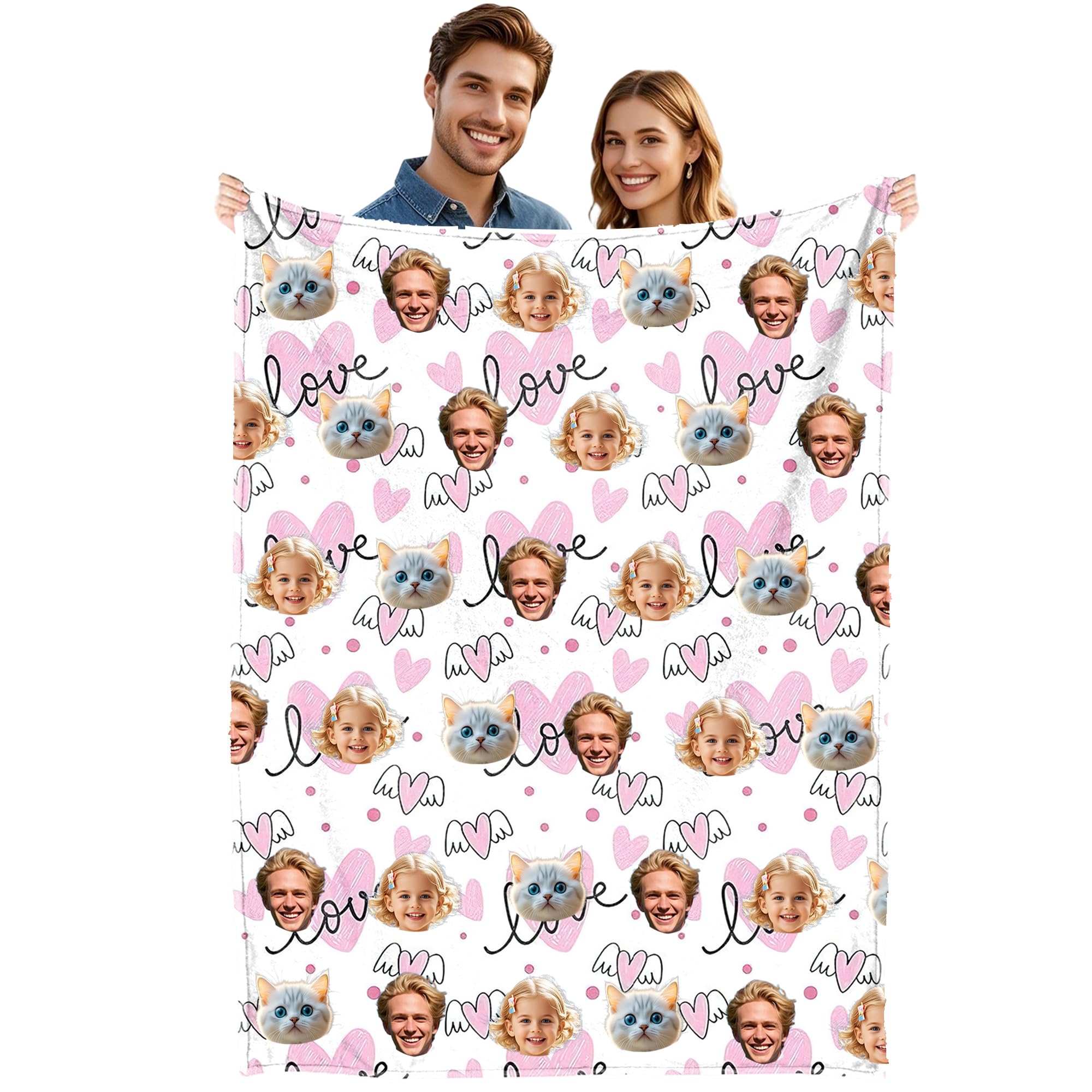 Personalised Blanket with 1-8 Photo & Text, Custom Blanket, Photo Blanket, Valentines Gifts for Her or Him, Personalised Photo Gifts for Family Couples, Flannel Fluffy Blanket (Pattern + 3 Face)