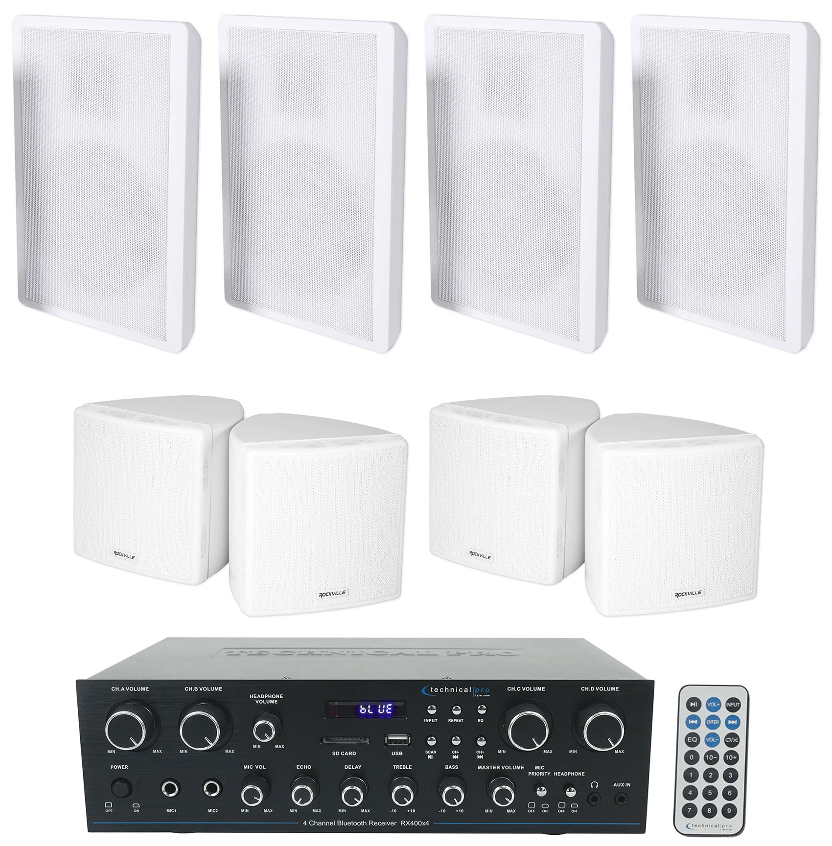 Technical Pro RX400X4 Bluetooth Home Receiver+4 Slim+4 Cube White Wall Speakers