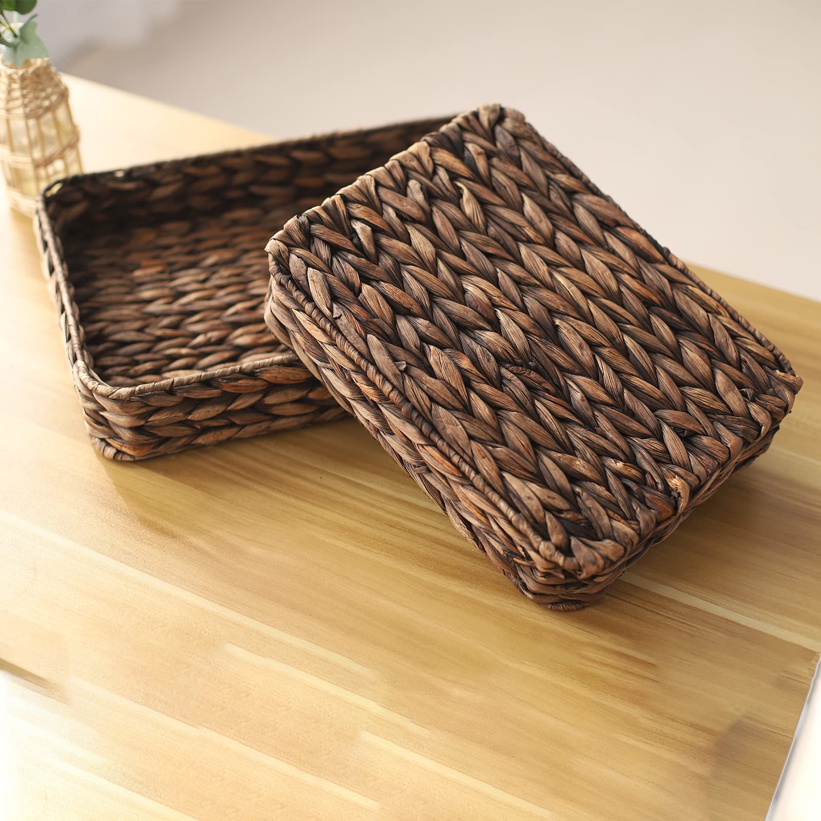 Bandeja rectangular tejida de jacinto de agua, de mimbre tejida a mano, bandejas de almacenamiento para café, desayuno, postre, fruta, pan (marrón-pequeño)