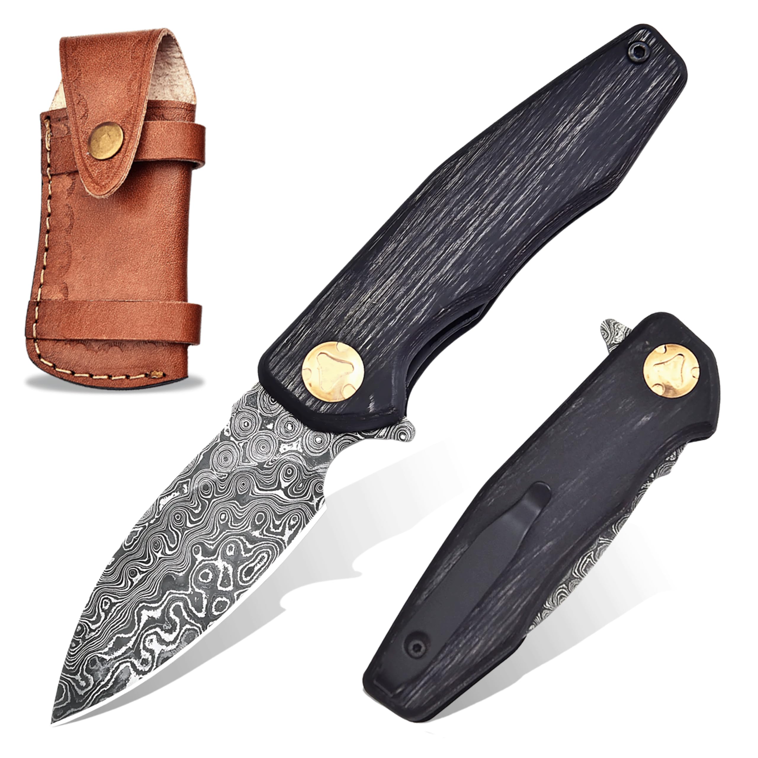 Damascus Pocket Knife with Clip, Damascus Steel Folding Knives for Men Women - EDC Knife with Sheath for Camping, Hiking,