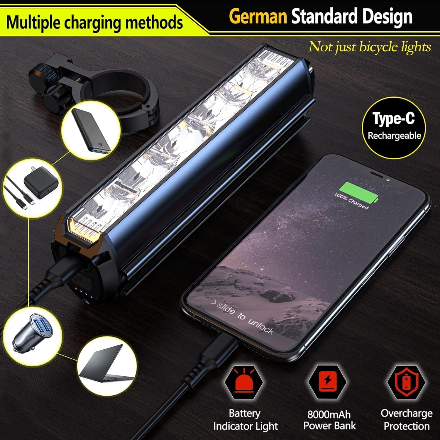 Luci Bicicletta Led, 8000mAh Ricaricabile USB & Impermeabili IPX5 Luci Bici, 3250 lumen 4 Modalità Luce Bicicletta Anteriore,Accessori Bici