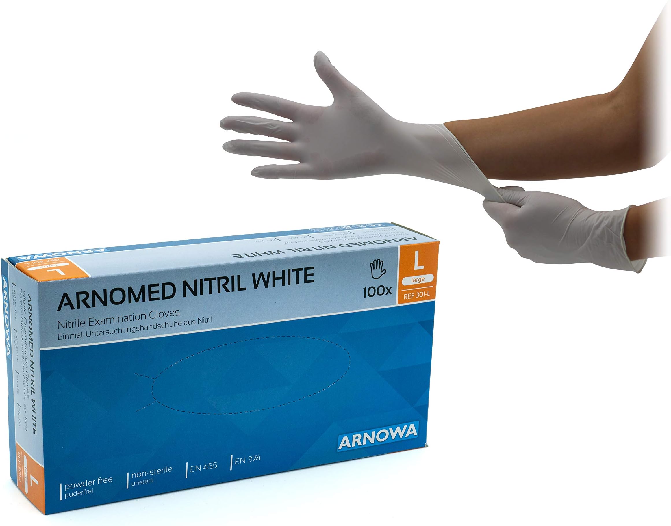 Arnomed Disposable Nitrile Gloves, Powder-Free, Latex-Free, White, Size L, Pack of 100
