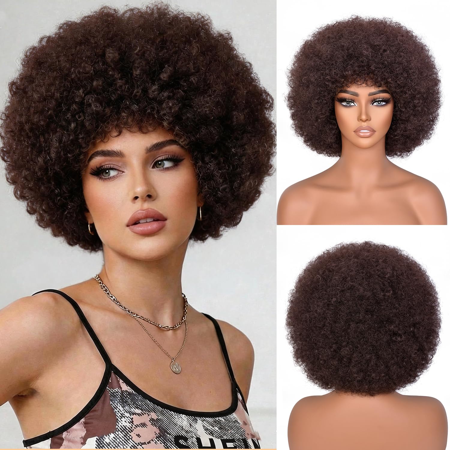 Blonde Afro Wig with bangs 70s Black Short Afro Curly Wigs for Black Women Bouncy Huge Fluffy Puff Synthetic Kinky Curly Wig for Cosplay Daily and Party Use 10 Incn
