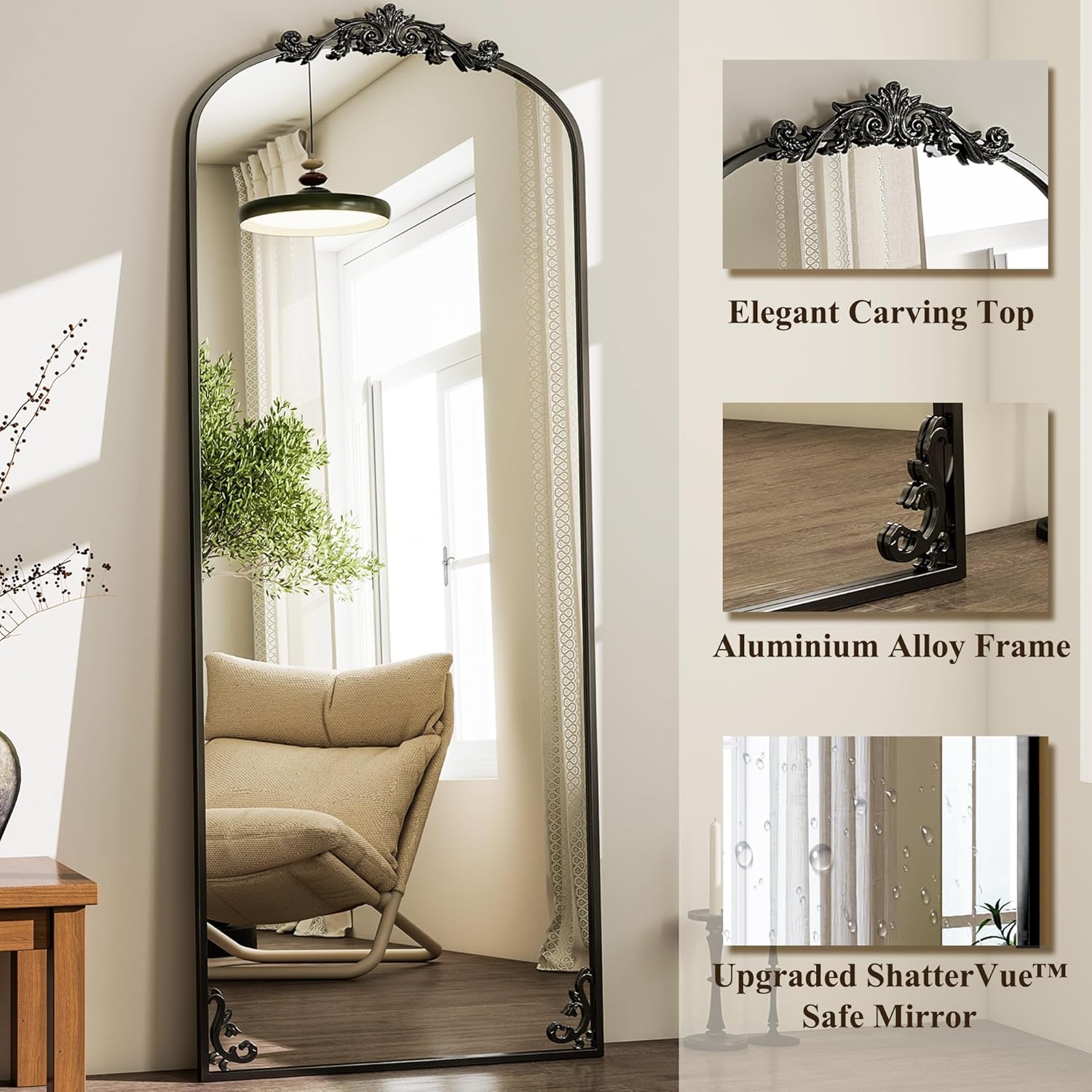 HARRITPURE Vintage Mirror - 64" x 21" Arched Wall Mirrors Gold Carved Arched Mirror with Metal Frame Baroque Free-Standing Mirror for Bedroom/Living Room/Entryway,Black