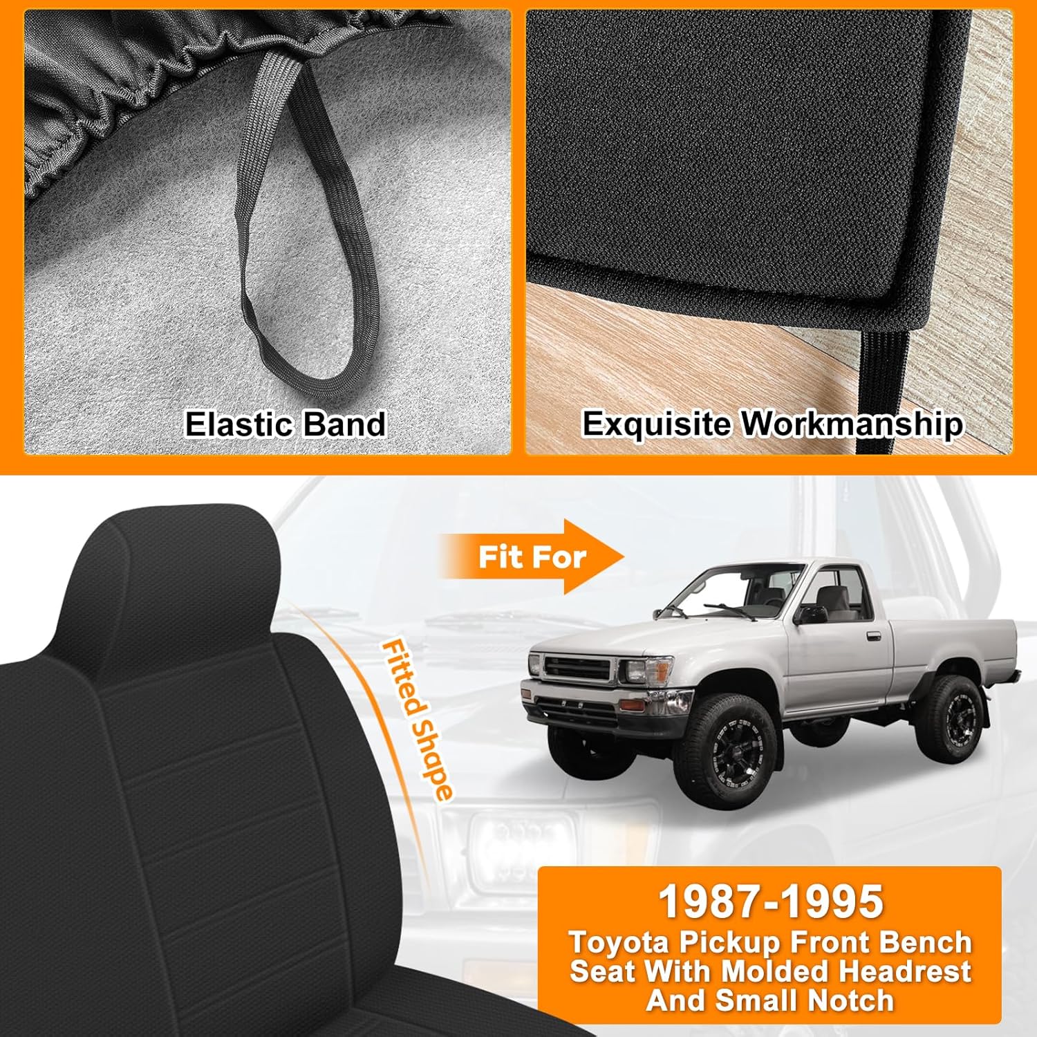Front Bench Seat Cover Compatible with 1990-1995 Toyota Pickup with Molded Headrest and Large Shifter Shorter (Bottom with Small 2-3 inches Notch)