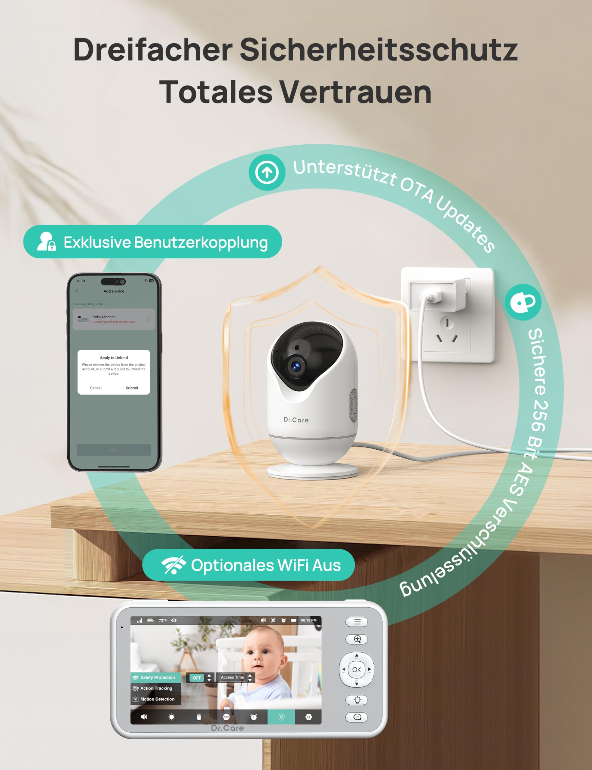 Dr.Care 2K WLAN Babyphone mit Kamera, 5 Zoll, App & Klemmhalterung,360°
