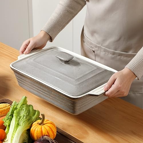 Miniatura 6 de LOVECASA Cacerola profunda con tapa, cazuela cubierta de 4.5 cuartos de galón, utensilios de cocina antiadherentes de 13 x 9 pulgadas, bandeja para