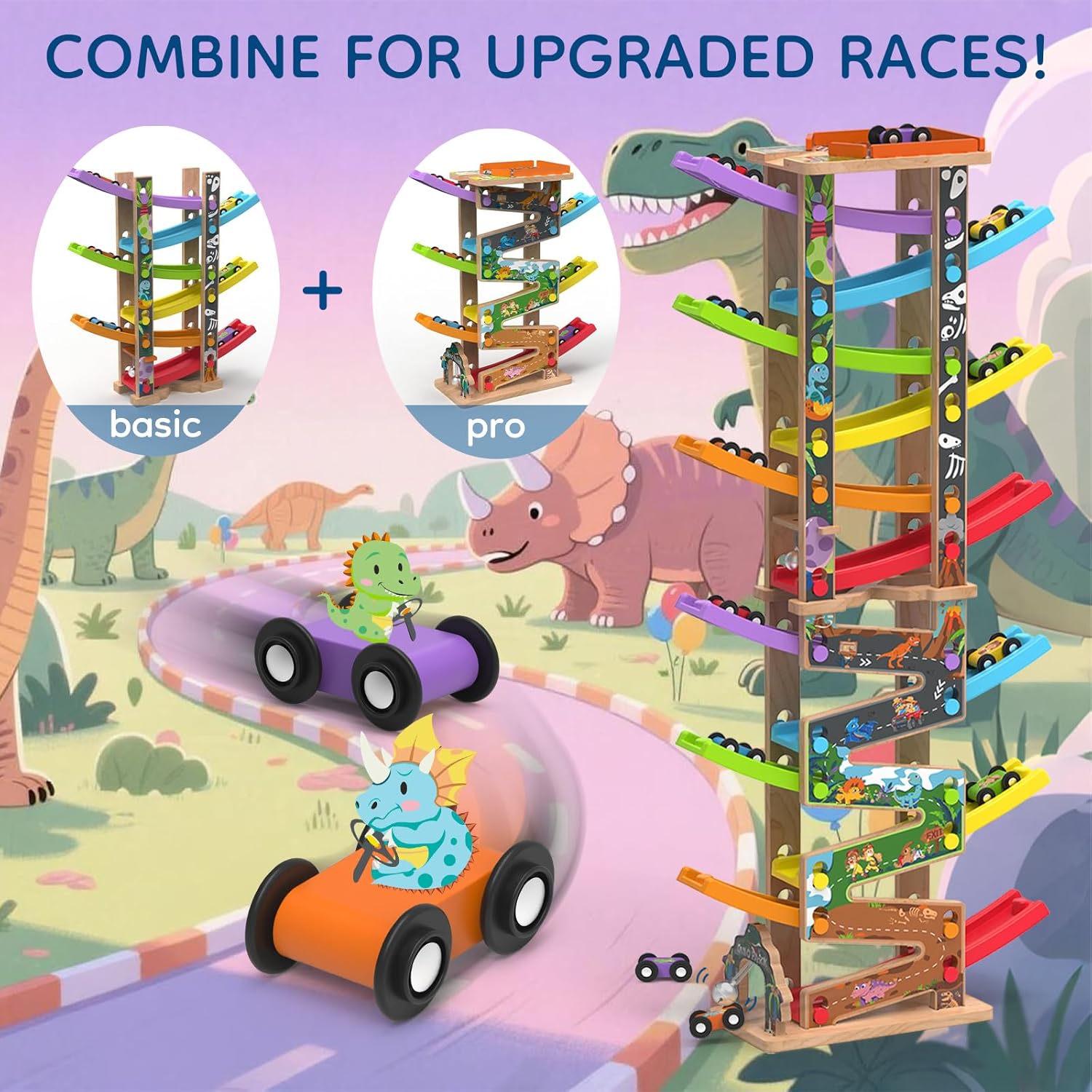 Wooden Race Track Car Ramp Racer Toy for Tollders, Dinosaur Car Ramp Toy Vehicle Playsets with 6 Mini Cars - Fine Motor Skills Toddler Toys for 2 3 Year Old Boy and Girl Birthday Gifts (Pro)