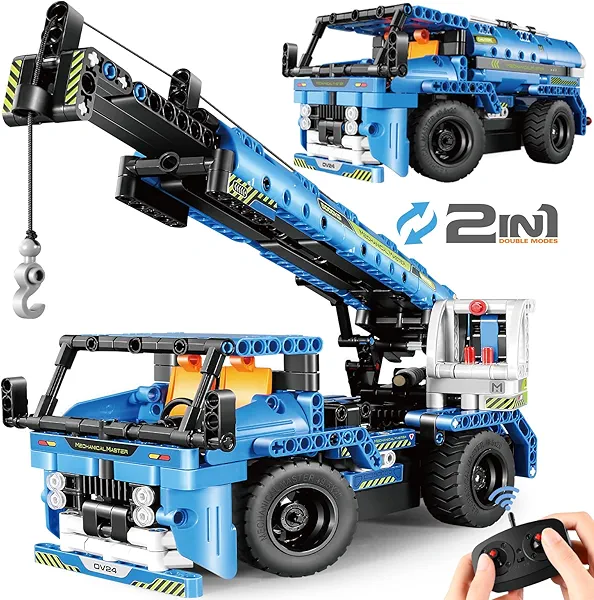 DOLIVE Remote Control Building Toys, 2-in-1 Technic Vehicle Building Kits for Boys Age 8-12, Construction Erector Set Crane Truck Build Model for Boys Girls