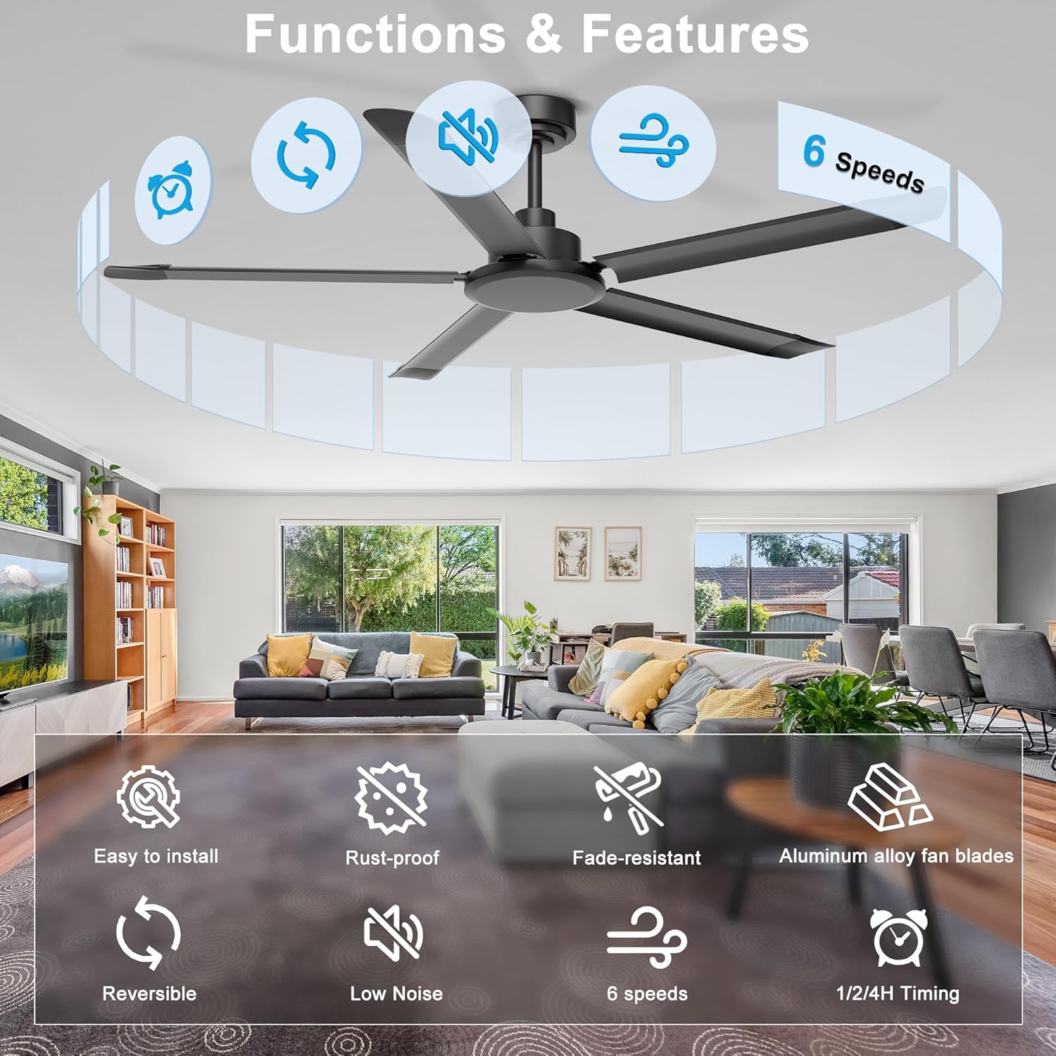 Ohniyou 60'' Ceiling Fan No Light, Black Industrial Ceiling Fan with Remote/APP, Aluminum Blades, 6800 CFM DC Motor for Patios, Living Room, Shop, Garage