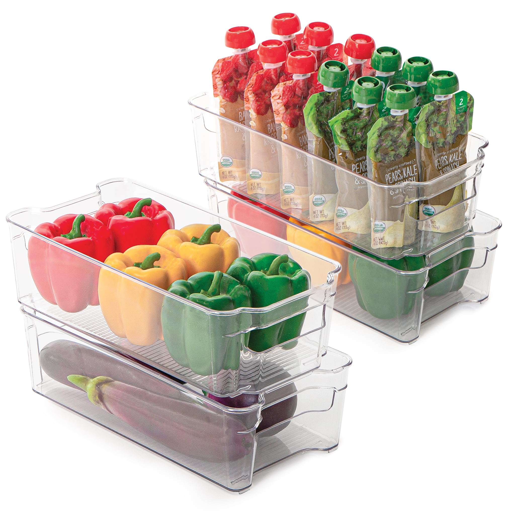 Smart Design Stackable Set of 4 Refrigerator Bins with Handle - 6 x 12 Inch - BPA Free Plastic - Fridge, Freezer, Pantry Organizer, Cabinet Storage, Food, Produce, Fruit Containers - Kitchen - Clear