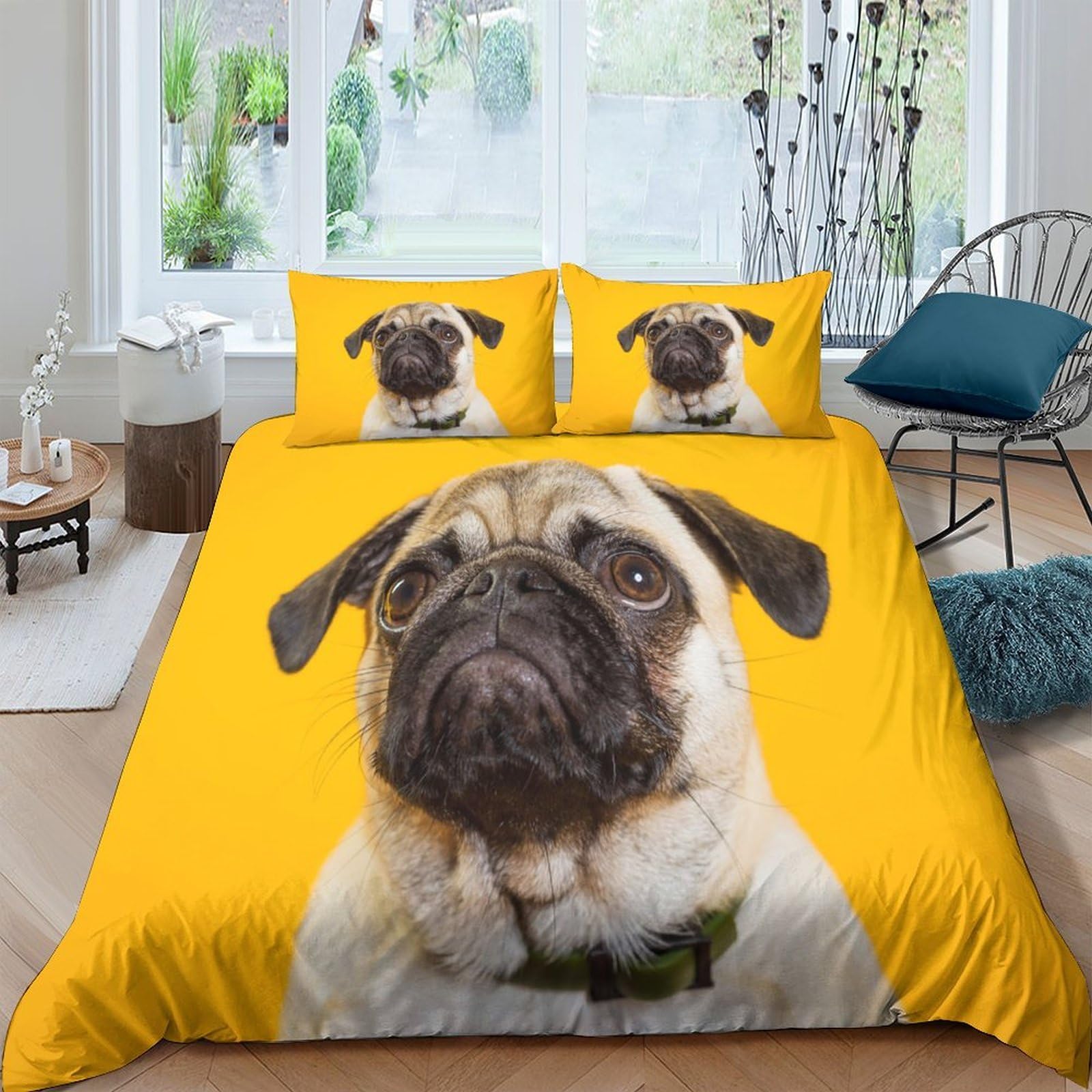 Ctjqhvkz Style-3 3D Printed Pug Dog Yellow Fitted Sheet Microfiber Soft Breathable Cartoon Pet Mattress Cover For Bedroom Guestroom Decor Single（135X200cm）