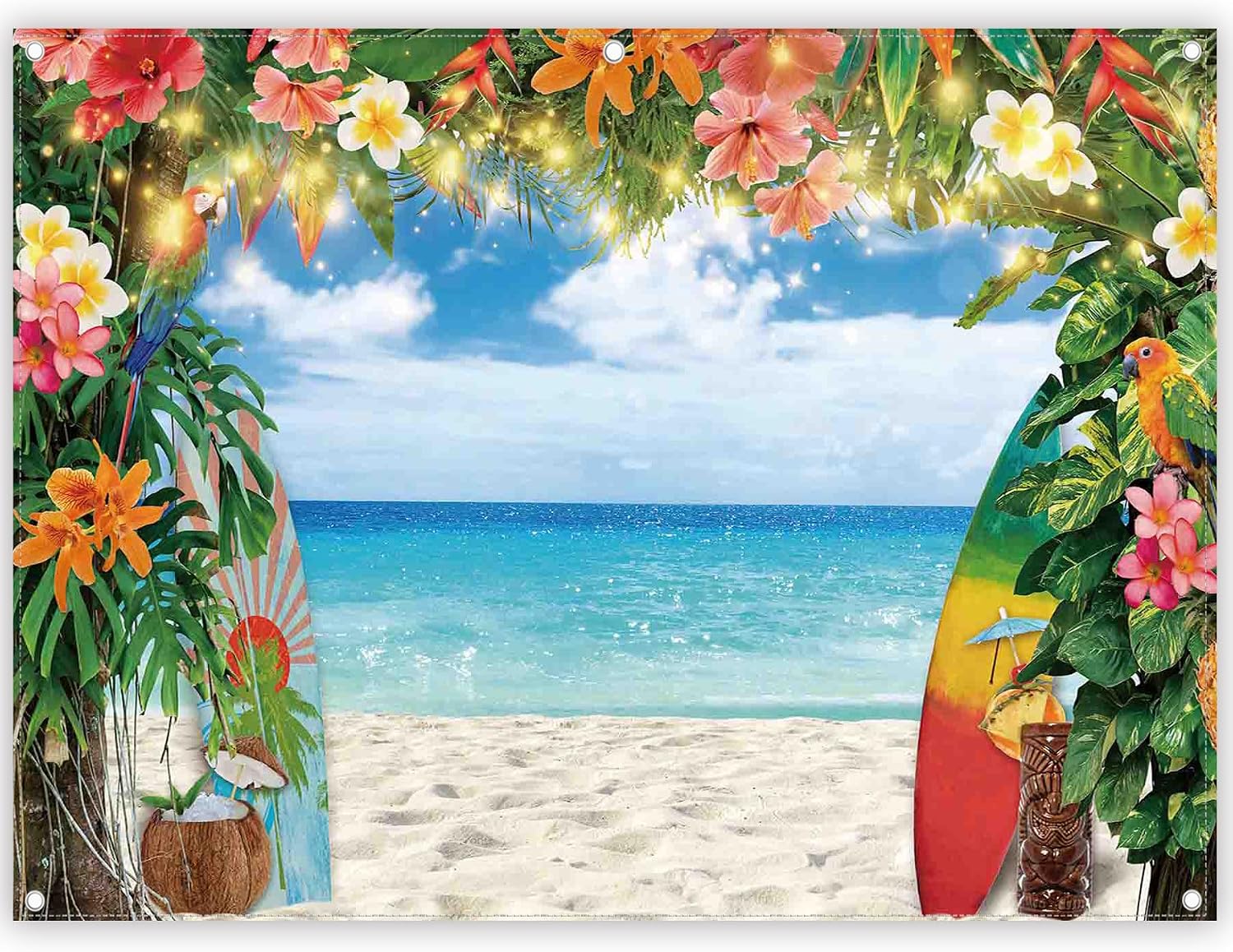 8x6ft Fabric Summer Hawaiian Beach Photography Backdrop Tropical Flower Palm Leaves Surfboard Background Aloha Luau Decorations Photo Banner