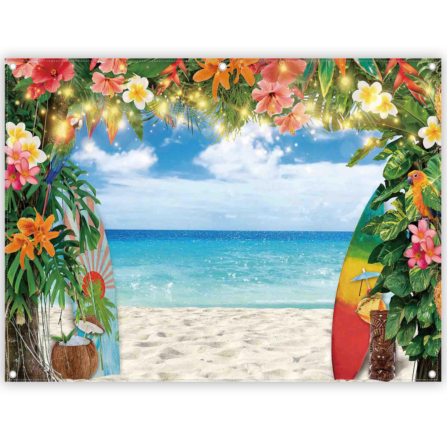 YCUCUEI 8x6ft Fabric Summer Hawaiian Beach Photography Backdrop Tropical Flower Palm Leaves Surfboard Background Aloha Luau Decorations Photo Banner