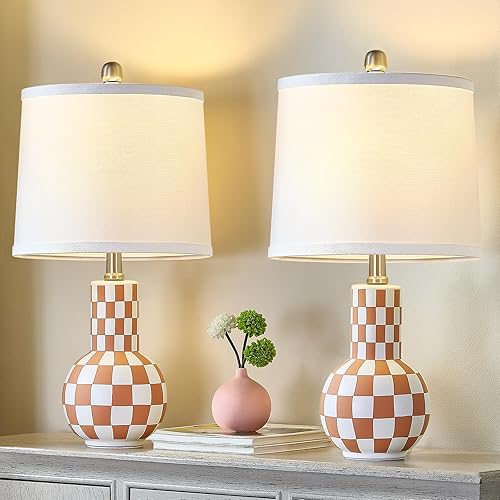 Miniatura 9 de Juego de 2 lámparas de mesa de cerámica de 21 pulgadas, lindas lámparas de escritorio de color albaricoque rosa para dormitorio, temperatura de