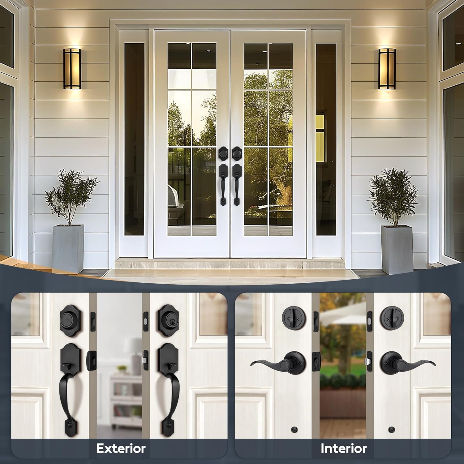 Double Front Door Handleset with Deadbolt – Matte Black Classic Entry Handle Set with Dummy, Reversible Lever, Zinc Alloy, Exterior Lock Set