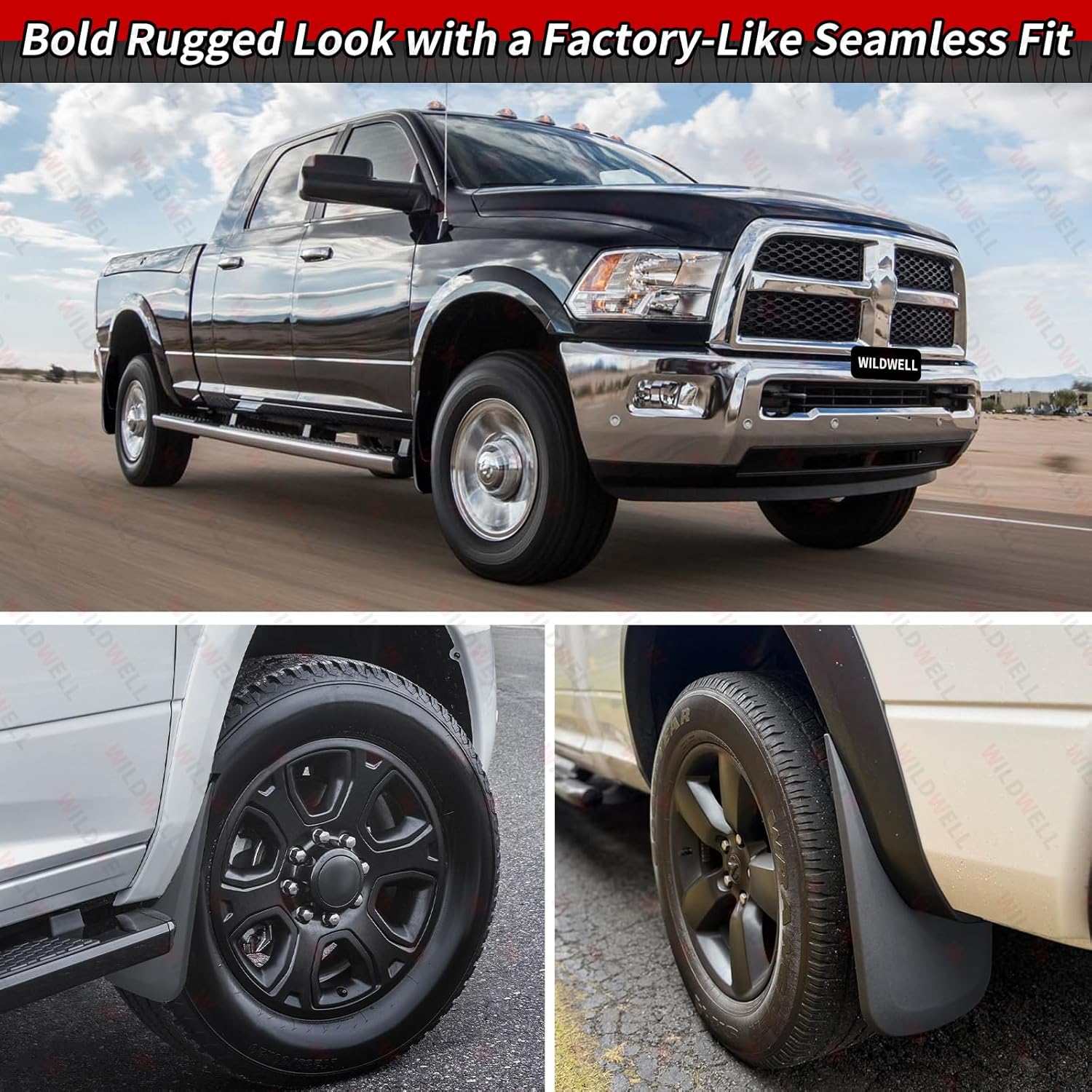 WildWell Mud Flaps Guards For 2009-2018 Dodge Ram 1500/ 2019-2024 Ram 1500(Classic Body Only), 2010-2018 Ram 2500/3500 w/Single Rear Wheels, Splash Guards Set 4PCS (With Fender Flares)
