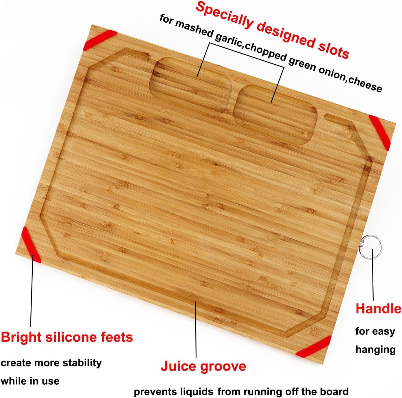 Unique Large Bamboo Cutting Board, 17.7'' Organic Chopping Board with Non-slip Rubber Grips, with 2 Specially Designed Compartments for Chopped Garlic Onion Meat