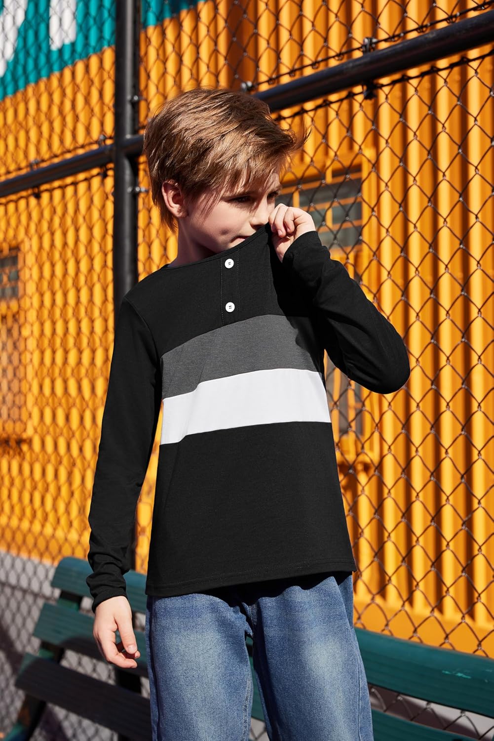 Arshiner Kids Boys Henley Shirts Cotton Long Sleeve Crewneck T-Shirts Color Block Tee Tops 3-12 Years - Image 4