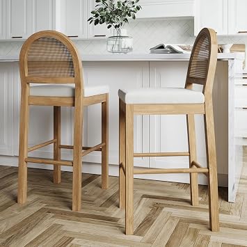 Nathan James Bailey 29 in. Boucle Bar Stool with Back, Bar Height Chair with Natural Woven Rattan Back and Solid Wood Legs, Light Brown, Set of 2