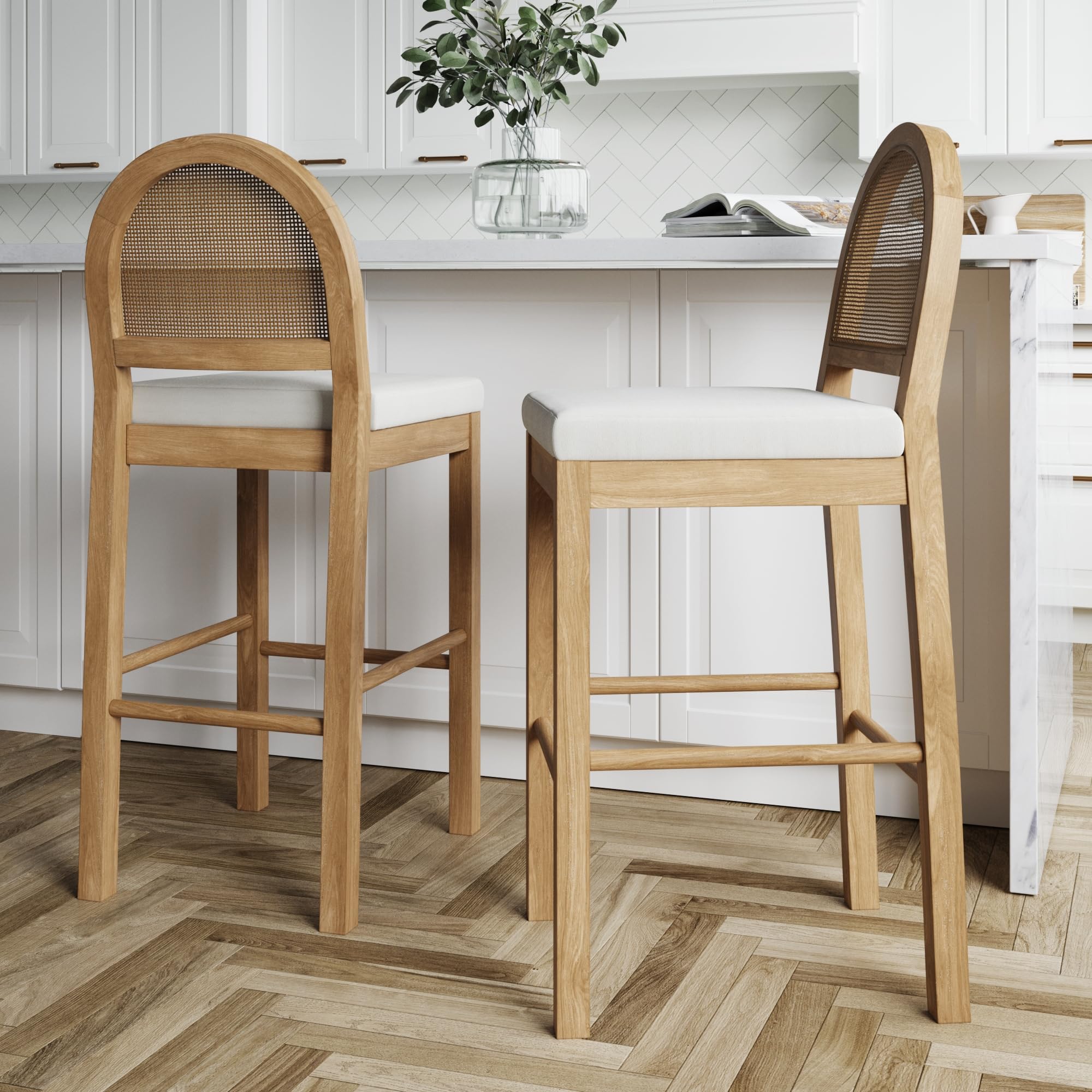 Nathan James Bailey 29 in. Boucle Bar Stool with Back, Bar Height Chair with Natural Woven Rattan Back and Solid Wood Legs, Light Brown, Set of 2