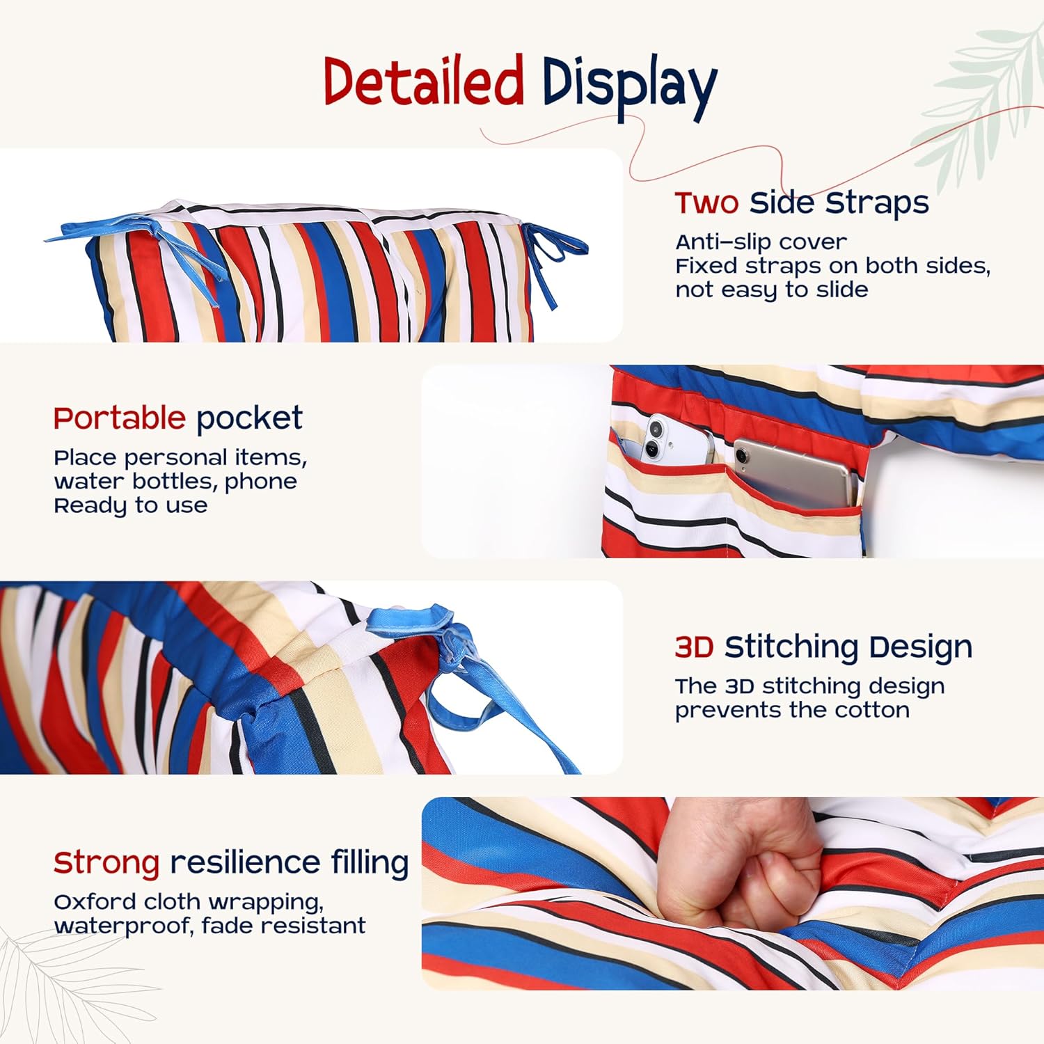 Yddsky Outdoor Chaise Lounge Chair Cushion with Ties, 74.4" x 22.8" x 4.7" Waterproof Patio Cushion, Thickened Cotton Lounge Pad with Pocket for Pool & Outdoor Furniture, Striped Blue Red