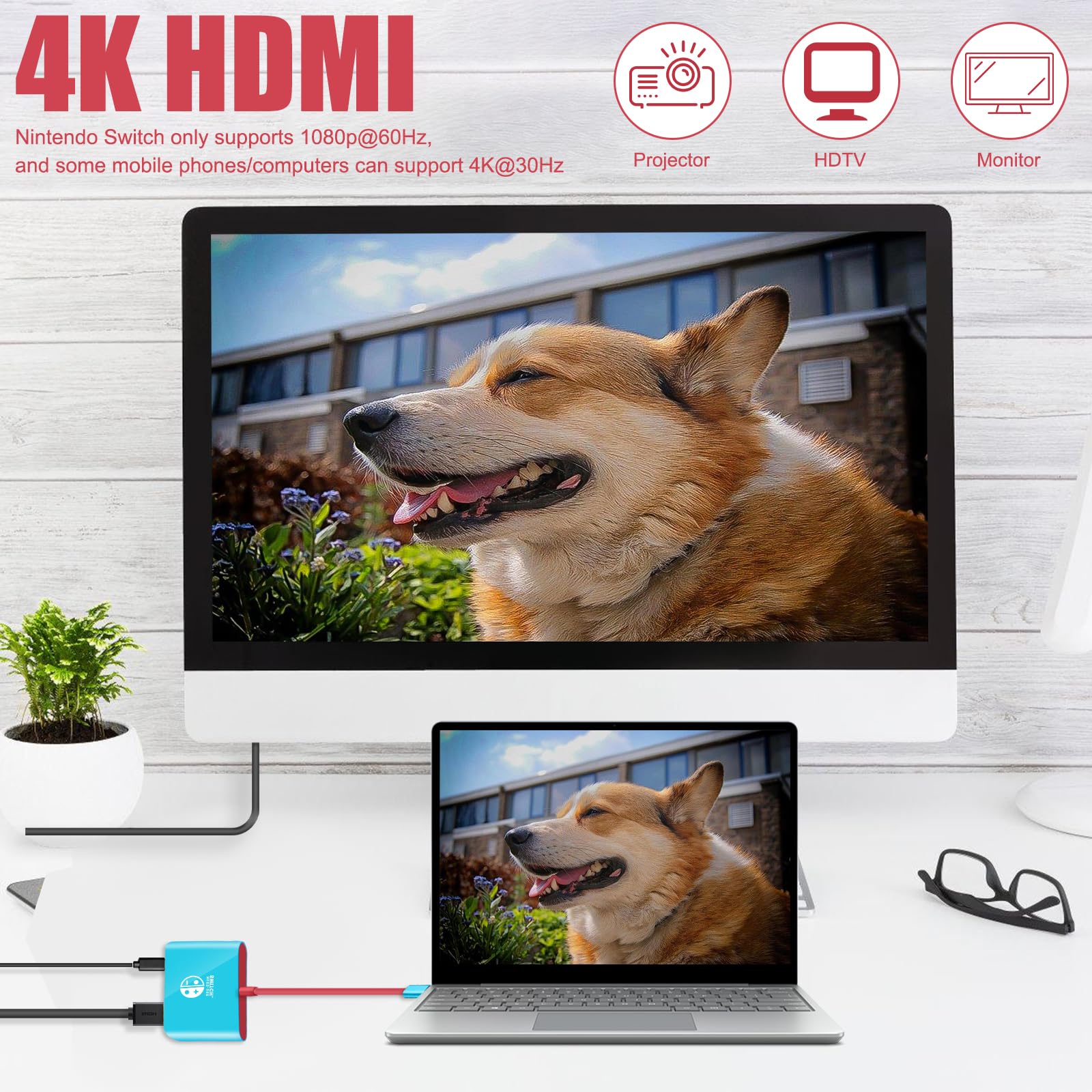 3 en 1 Switch Dock para Switch/Switch OLED, puerto USB 3.0, estación de acoplamiento portátil para Nintendo Switch/Switch OLED, adaptador de TV con HDMI 4K (azul y rojo)