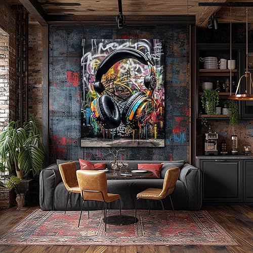 Miniatura 3 de ANRUOXI Impresión artística de graffiti con auriculares, póster abstracto de auriculares para DJ urbanos, decoración de imagen de graffiti de pared