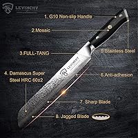 Vista 2 de Cuchillo de pan profesional de acero inoxidable japonés de Damasco de 8 pulgadas con mango negro Premium G10, cuchillo de cocina ergonómico