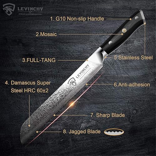 Miniatura 2 de Cuchillo de pan profesional de acero inoxidable japonés de Damasco de 8 pulgadas con mango negro Premium G10, cuchillo de cocina ergonómico